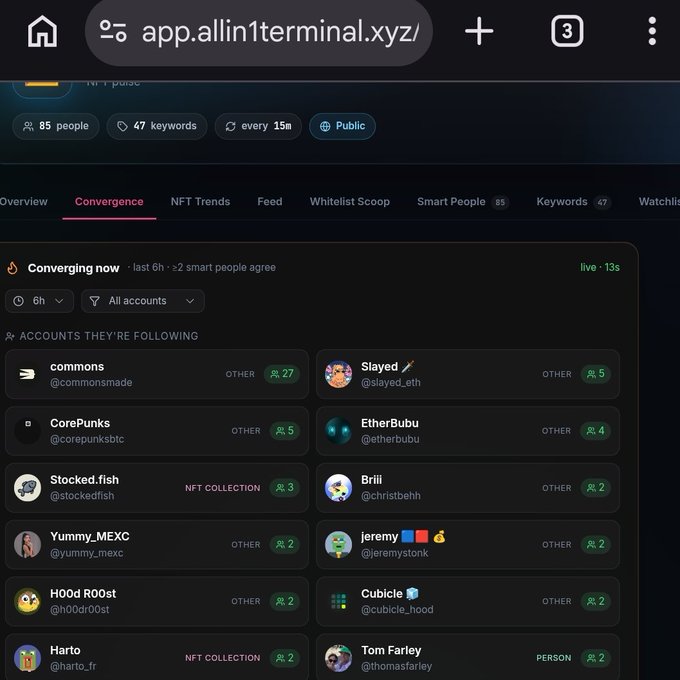 A screenshot of a website app.allin1terminal.xyz showing an 'NFT pulse' dashboard with tabs including 'Convergence', listing accounts like 'commons', 'CorePunks', and 'Slayed' along with their follower counts.