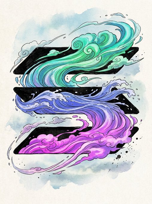 A stylized illustration features three flowing waves of water—rendered in vibrant teal, blue, and purple hues—crashing through black horizontal bands against a watercolor background. The artwork's fluid, wave-like forms evoke the dynamic energy of the Solana blockchain ecosystem, aligning with the "Solana Archives" collection theme.