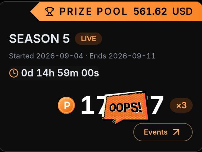 A dark-themed app or website interface showing 'SEASON 5 LIVE', 'PRIZE POOL 561.62 USD', a countdown timer at '0d 14h 59m 00s', and a prominent 'OOPS!' speech bubble over a score of '1777'.
