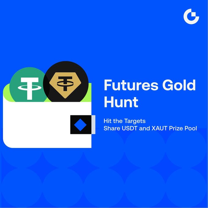 A promotional graphic on a blue background advertises a "Futures Gold Hunt" campaign, featuring illustrations of a white wallet containing two coins—one teal with a "T" logo and one black and gold with a "T" symbol—alongside the text "Hit the Targets, Share USDT and XAUT Prize Pool," which corresponds to the post announcing rewards for XAUUSDT futures trades, XAUT airdrops, and a gold prize pool lucky draw of up to $500.