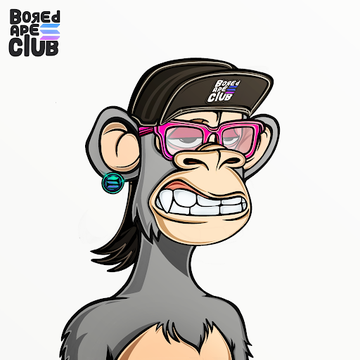 A cartoon monkey wearing pink glasses, a 'Bored Ape Club' cap, and a small earring, with 'Bored Ape Club' text in the upper left corner.