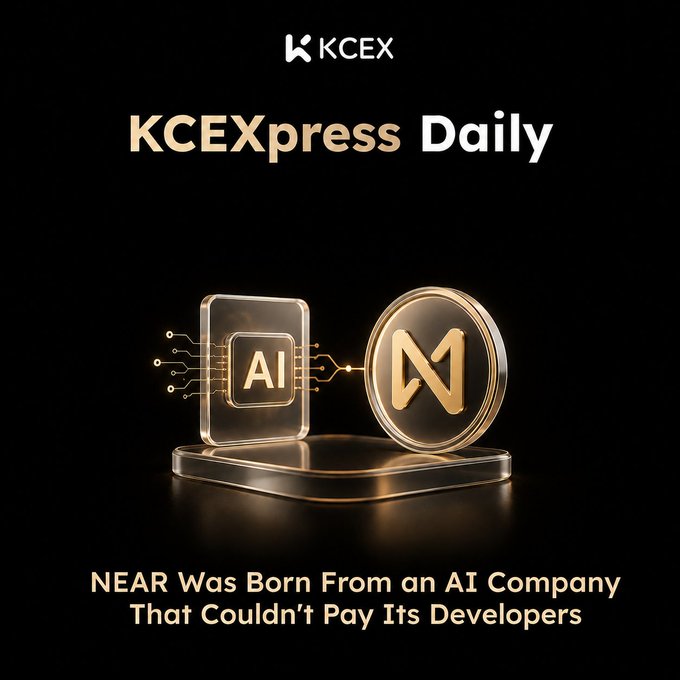 The image features a black background with gold text that reads "KCEXExpress Daily" at the top of the image. Below this, there are two coins displayed - one made out of glass and another made out of metal. The text on the image states that the coins were created by an AI company called Near Intents, which was founded to help developers across borders pay their contractors.