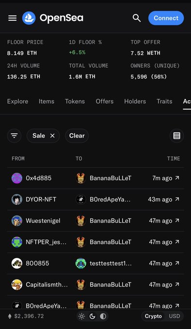 An OpenSea NFT marketplace interface showing a floor price of 8.149 ETH and 24H volume of 136.25 ETH, with a list of recent sales involving users like 'BananaBuLLeT'.