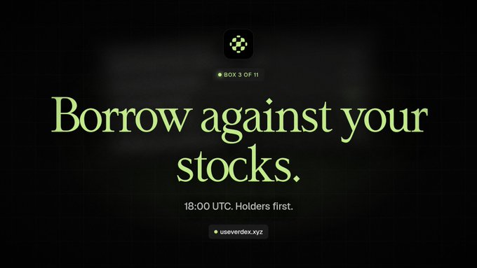 A dark promotional graphic with green text reading "Borrow against your stocks." and "18:00 UTC. Holders first." along with the URL "usevertex.xyz".
