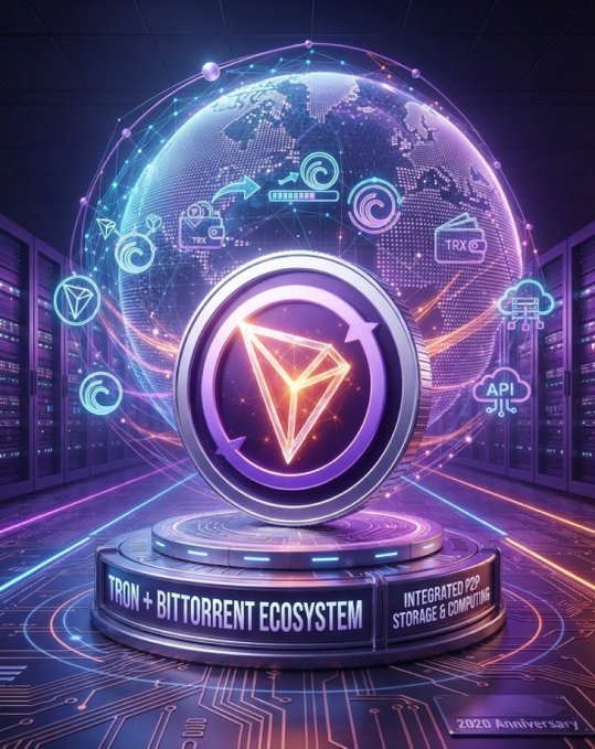 A neon, futuristic digital illustration highlights the Tron and Bittorrent ecosystem, featuring a large glowing Tron logo coin in the center surrounded by floating icons representing various digital services and a globe.