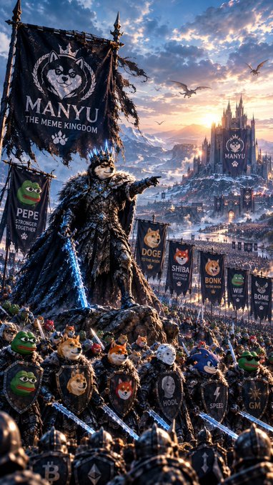 A fantasy illustration depicting a crowned Doge king leading an army of meme-themed warriors (Pepe, Doge, Shiba, Bonk) with banners, including one reading "MANYU - THE MEME KINGDOM," before a castle.
