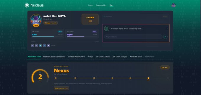 Nucleus platform dashboard showing user profile 'mahdi Hasi NOYA' with $AURA balance of 300, reputation score of 2, and a Nexus reputation level display.