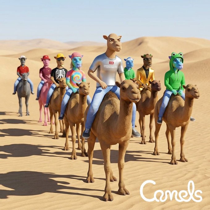 A 3D-rendered illustration of anthropomorphic animal characters riding camels through a desert, with a 'Camels' watermark in the bottom right corner.