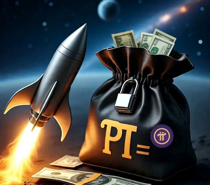 A digital illustration featuring a rocket launching next to a leather money bag with a padlock, labeled 'PT' alongside a Pi Network (π) logo, with dollar bills emerging from the bag against a space background.
