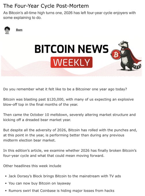 The image shows a newsletter titled "Bitcoin News Weekly" by author "Bam," featuring the headline "The Four-Year Cycle Post-Mortem" and discussing Bitcoin's performance one year after its all-time high near $120,000, with the article also referencing Jack Dorsey's Block, Layaway, and Coinbase. The newsletter visually complements the post by examining whether 2026 has broken Bitcoin's traditional four-year cycle, inviting them to subscribe for the full analysis.