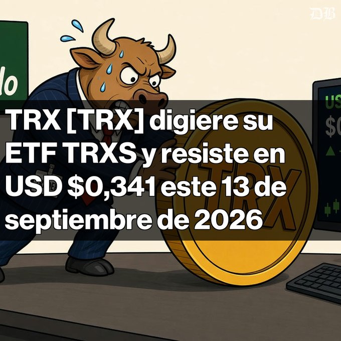 An illustration shows a sweating businessman in a suit struggling to push a large TRX cryptocurrency coin, with Spanish text reading 'TRX [TRX] digiere su ETF TRXS y resiste en USD $0,341 este 13 de septiembre de 2026'.