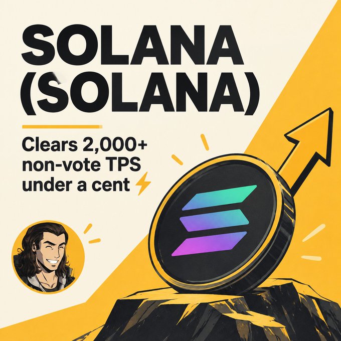 A promotional graphic for "SOLANA (SOLANA)" stating "Clears 2,000+ non-vote TPS under a cent," featuring the Solana logo on a rock and a cartoon character, with an upward arrow indicating price growth.