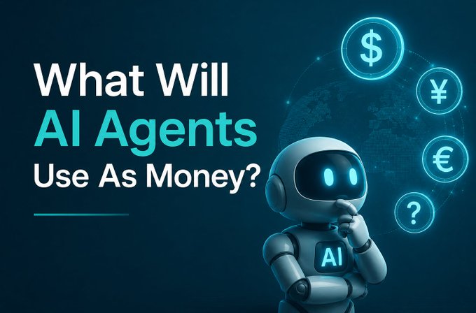 A graphic asking 'What Will AI Agents Use As Money?' featuring a cartoon robot thinking alongside various currency symbols ($, ¥, €, ?).
