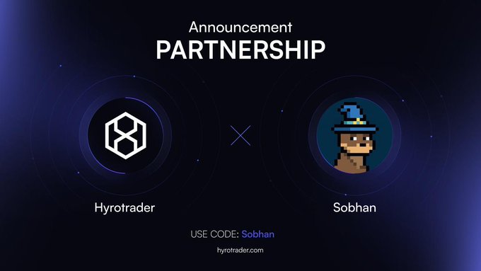 A promotional graphic on a dark blue background announces a 'PARTNERSHIP' between 'Hyrotrader' (represented by a white hexagonal logo) and 'Sobhan' (represented by a pixel art character wearing a wizard hat), with the referral code 'Sobhan' and the URL 'hyrotrader.com'.