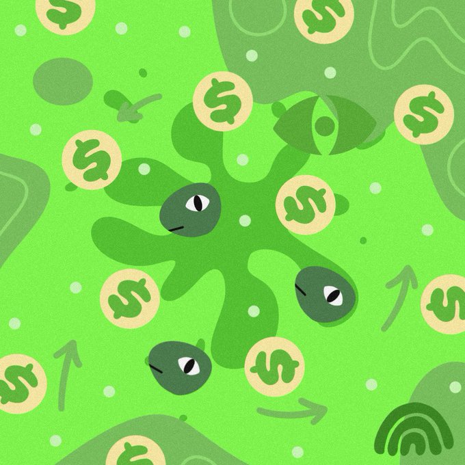 The illustration features a green, eye-covered creature surrounded by floating coins bearing a dollar sign and the letter "S," set against a vibrant green background with arrows and abstract shapes—visually representing the playful, meme-inspired branding of Morphora's airdrop launch and the urgency to "move fast" highlighted in the post.