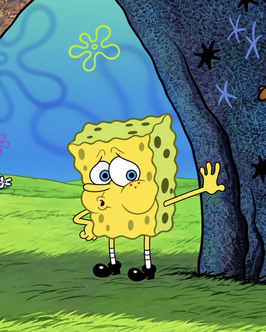 The cartoon character SpongeBob SquarePants stands next to a tree, looking concerned with one hand raised.