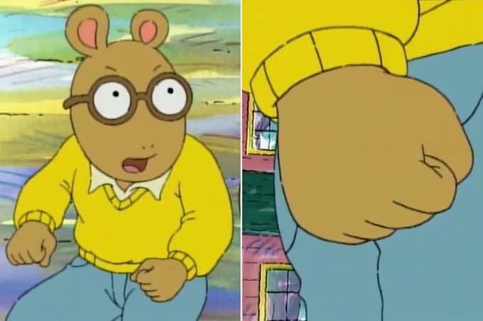A split comparison image from Arthur showing the character's normal appearance with glasses on the left, and a close-up of their back without glasses on the right.