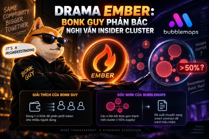 A graphic titled 'DRAMA EMBER: BONK GUY PHẢN BÁC NGHI VẤN INSIDER CLUSTER' features a Shiba Inu dog in sunglasses and a hoodie labeled 'BONK GUY', with text discussing BubbleMaps' perspective on a >50% insider cluster.