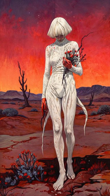 An artistic illustration of a pale figure with a white bob haircut in a form-fitting white outfit, holding red flowers while standing in a barren desert landscape beneath a dark red sky.