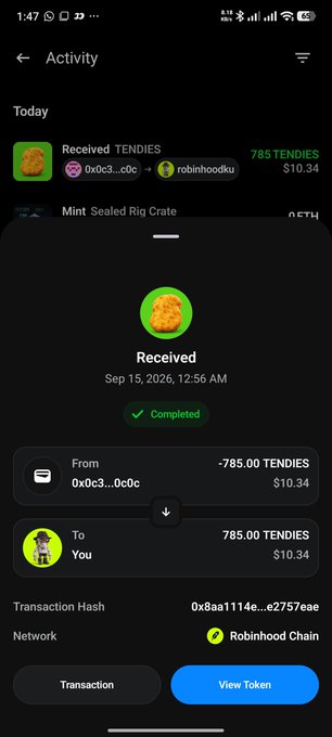 A screenshot of a cryptocurrency transaction showing 785 TENDIES ($10.34) received from wallet 0x0c3...c0dc on the Robinhood Chain. This supports the post claiming $10 in snack money received, likely from an OpenSea promotional code.