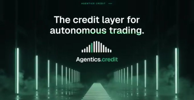 A promotional graphic for "Agentics.credit" with the tagline "The credit layer for autonomous trading" displayed over a dark green background with illuminated vertical light bars.