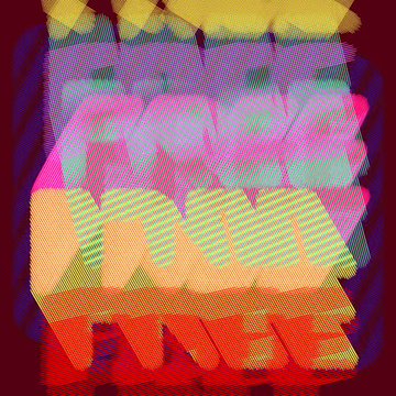 An abstract, colorful pixelated image featuring layered shapes in yellow, pink, green, and red tones with a halftone pattern effect.