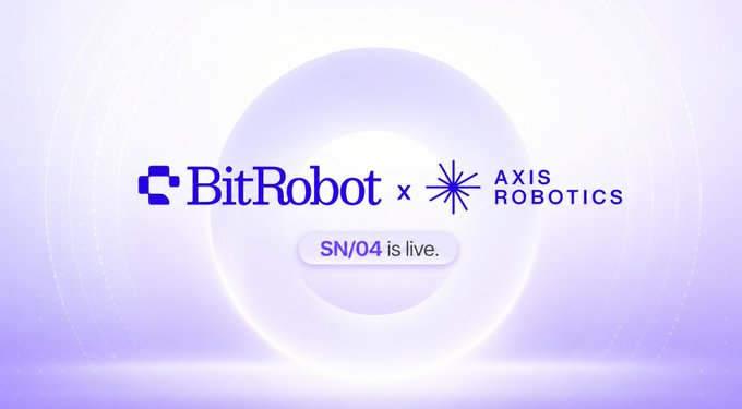 The image features a logo for Bitrobot x Axis Robotics, which is a partnership between two companies. The logo consists of a circle with a star inside, surrounded by a purple border. Below the logo, there are three lines of text that read "SN04 is live", indicating that the company's website is currently accessible and operational.
