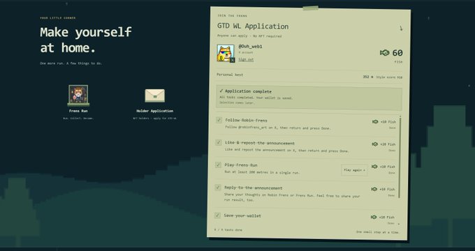 The image shows a desktop screen with two application icons ("Trees Run" and "Holder Application") alongside an open "GTD WL Application" for the pixel art NFT project @robinfrens_art, where the user @om_wabi has a Fish NFT valued at 60 and has completed the whitelist application, including tasks like following, liking, and commenting on the announcement.