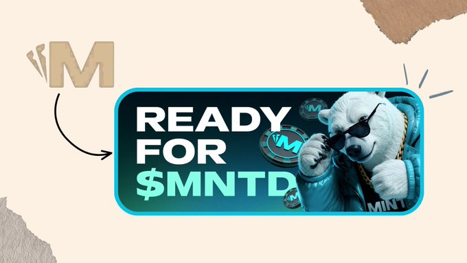 A promotional graphic features a polar bear mascot wearing sunglasses alongside the text 'READY FOR $MNTD' and a stylized 'M' logo on a torn paper background.