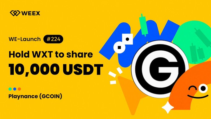 The image features a yellow background with text that reads "WEEX WE-Launch #24" followed by "10,000 USDT Airdrops!". The text also mentions "GCOIN" and "Playnance ( $GCOIN @ Playnance_ ) Listed & 10,000 USDT Airdrops!".