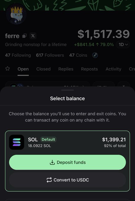 A mobile trading profile for "ferre" shows a portfolio balance of $1,517.39 (+79.0%) alongside a "Select balance" menu displaying 18.092 SOL ($1,399.21) as the default asset, illustrating the user's progress growing from 4 SOL to 20 SOL while gaining 617 followers. The interface confirms the steady gains described in the post, with options to deposit funds or convert to USDC visible at the bottom.
