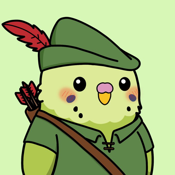 A cartoon illustration of a cute green parrot or budgie dressed as Robin Hood with a green feathered hat and a quiver of arrows on its back.
