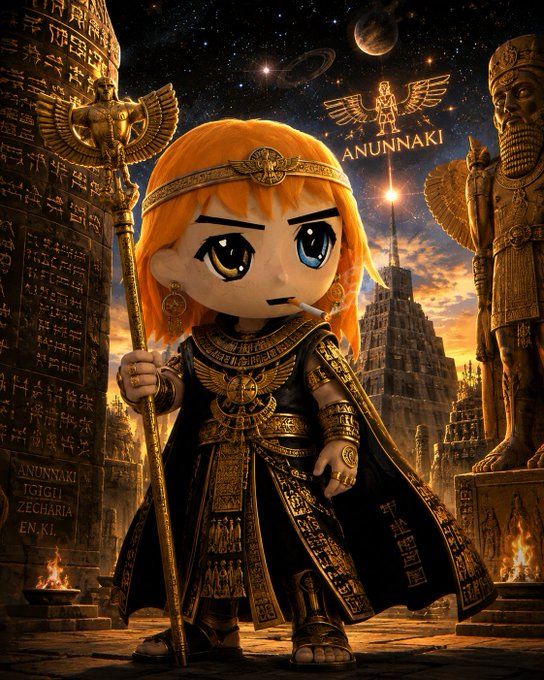 An anime/chibi-style illustration of an orange-haired character in ornate ancient Mesopotamian/Anunnaki attire holding a staff, with text 'ANUNNAKI' and cuneiform inscriptions against a cosmic background with statues and a ziggurat.