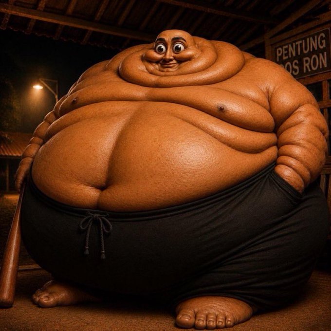 A digital illustration of an extremely obese man with a small face, wearing black shorts, holding a bat in a dimly lit room with a sign reading 'PENTUNG BOS RON'.