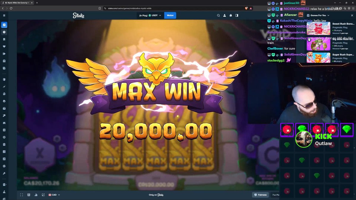 A streamer celebrates a "MAX WIN 20,000.00" on a Mystic Winds slot game at Stake, with chat users like @NICKRICHARD22 and @KakashiTheCopyNinja reacting in real time. The image matches the celebratory tone of the post, highlighting the player's big win and the upcoming giveaway to followers.