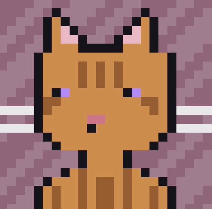 A pixel art illustration of an orange cat character with purple eyes, set against a pixelated pink and brown background.