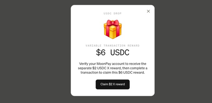 A popup from MoonPay advertises a "USDC DROP" offering a $6 USDC reward, with instructions to verify the MoonPay account and complete a $2 USDC X reward transaction to claim it. The image relates to the post by showing the disappointing small reward the user received after waiting extensively for the airdrop.