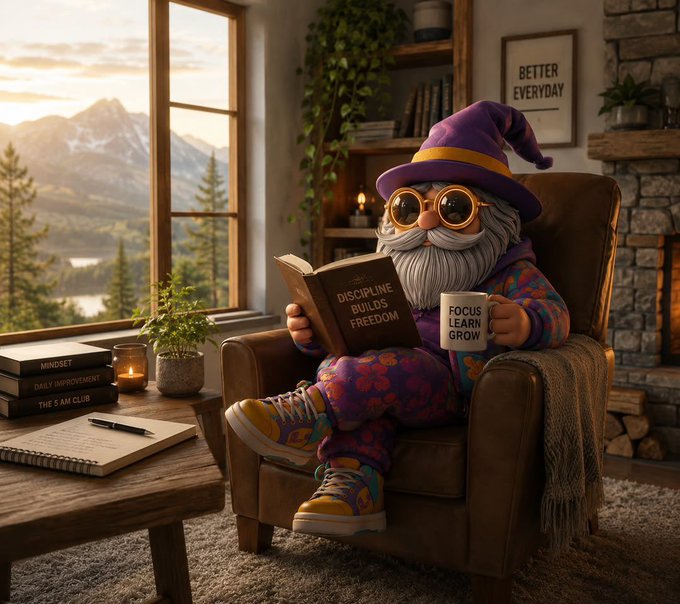 An illustration of a gnome wearing a purple wizard hat and round glasses, sitting in a brown leather armchair reading a book titled "DISCIPLINE BUILDS FREEDOM" while holding a "FOCUS LEARN GROW" mug, in a cozy cabin interior with mountain views.