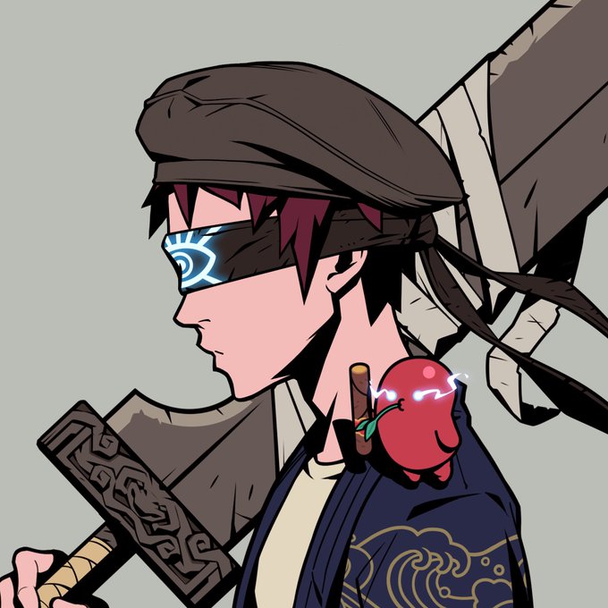 An anime-style character with dark hair, a black headband, and glowing blue sunglasses is shown in profile holding a large sword, with a small red creature resting on their shoulder wearing a dark blue kimono with gold wave patterns. The image appears to be a fan art piece of the character Azuki, matching the post's reference to getting new art created.