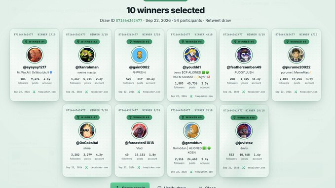 A screenshot of a Twitter giveaway tool showing '10 winners selected' for Draw ID 871664362477 (Sep 22, 2026, 54 participants), listing ten winners with usernames like @yygyy1217, @kxrrahman, and @pomdodun.