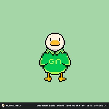 A pixel art illustration of a duck character wearing a green sweater with 'GN' on it against a mint green background, captioned 'Because some ducks are meant to live on-chain.' with the 'DUCKFINALS' logo.