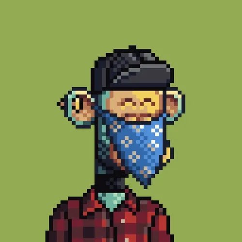 Pixel art character with a large head, wearing a black cap and a blue patterned poncho, standing on a red rocky base against a green background.