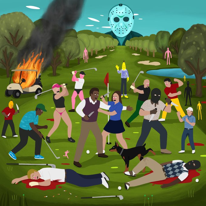 Illustration of a chaotic golf course scene where golfers are violently attacking each other with golf clubs and weapons, with a burning golf cart, a person in a Jason mask, and several bodies on the ground, inspired by the 'They Live' movie.