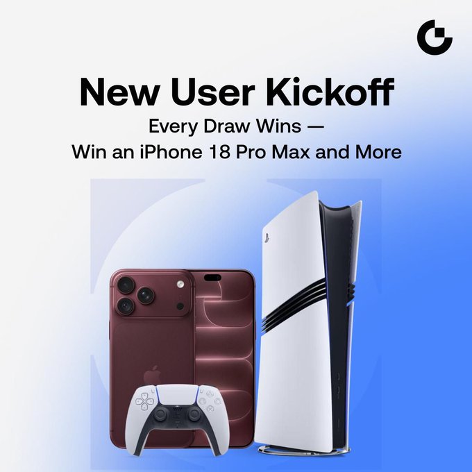 A promotional banner for a "New User Kickoff" event features the headline "Every Draw Wins — Win an iPhone 18 Pro Max and More," alongside images of a burgundy iPhone, a PlayStation 5 console, and a DualSense controller, visually highlighting the prizes users can win by signing up, completing trades, and inviting friends as detailed in the accompanying post.