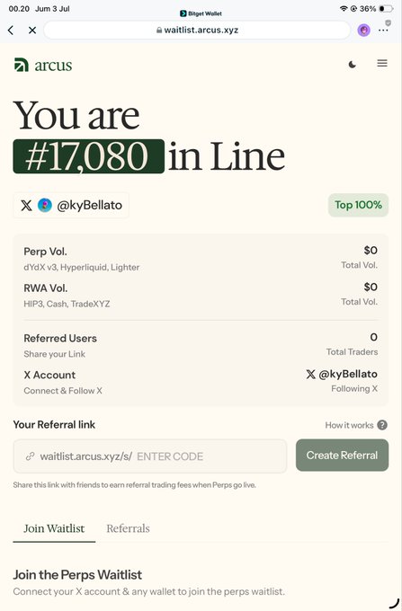 A mobile browser screenshot of the Arcus waitlist showing the user '@kyBellato' ranked #17,080 in line, in the Top 100%, with $0 Perp and RWA volumes.
