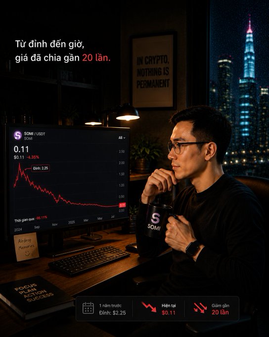 A dramatic Vietnamese ad showing a man watching the SOMI/USDT token price crash from $2.25 to $0.11 (roughly 20x drop) on his monitor, with text 'Từ đỉnh đến giờ, giá đã chia gần 20 lần' and 'IN CRYPTO, NOTHING IS PERMANENT.'