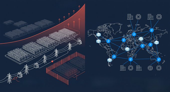 A split illustration showing energy infrastructure with data centers, power lines, and a firewall on the left alongside a global network map connecting data centers and hardware across continents on the right, visually representing the explosive growth in U.S. data center electricity demand projected by BloombergNEF.