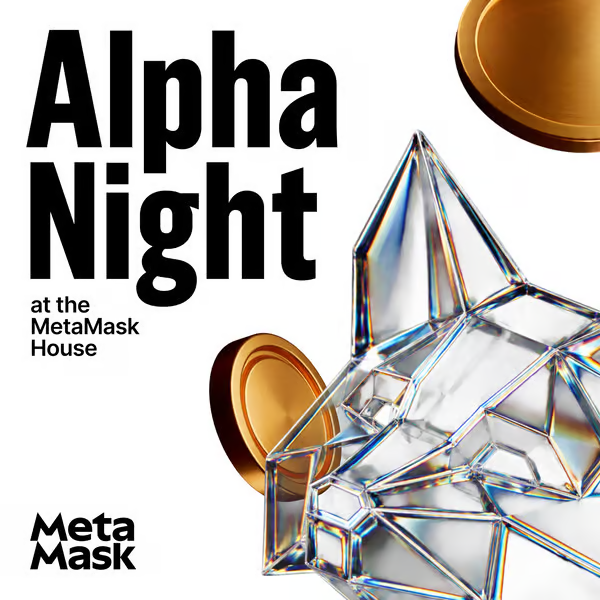 Promotional graphic for "Alpha Night at the MetaMask House" featuring the MetaMask logo alongside a crystal fox illustration and gold coins.