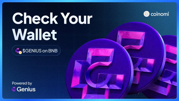A promotional banner with the headline "Check Your Wallet" and text "Powered by Genius," featuring the Coinomi logo and coin graphics, illustrates the post's announcement that $GENIUS rewards are now available in Coinomi wallets on the BNB network.