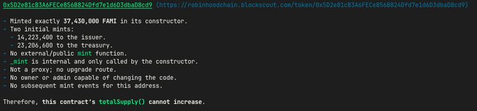 A text-based analysis of a blockchain token contract, detailing that it minted exactly 37,430,000 FAN1 tokens and confirming the totalSupply() cannot increase due to internal minting logic.